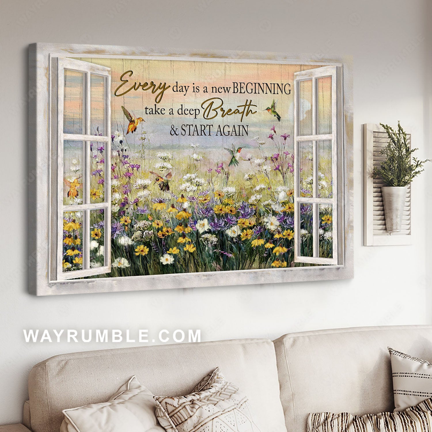 Flower field, Hummingbird drawing, Window frame, Every day is a new beginning - Jesus Landscape Canvas Prints, Home Decor Wall Art