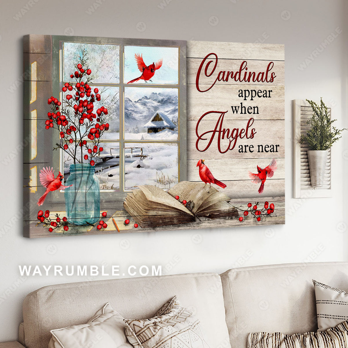 Red cardinal, Cranberry vase, Winter season, Cardinals appear when angels are near - Jesus Landscape Canvas Prints, Christian Wall Art