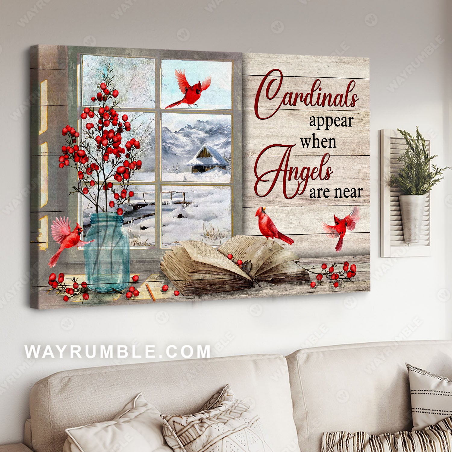 Red cardinal, Cranberry vase, Winter season, Cardinals appear when angels are near - Jesus Landscape Canvas Prints, Christian Wall Art
