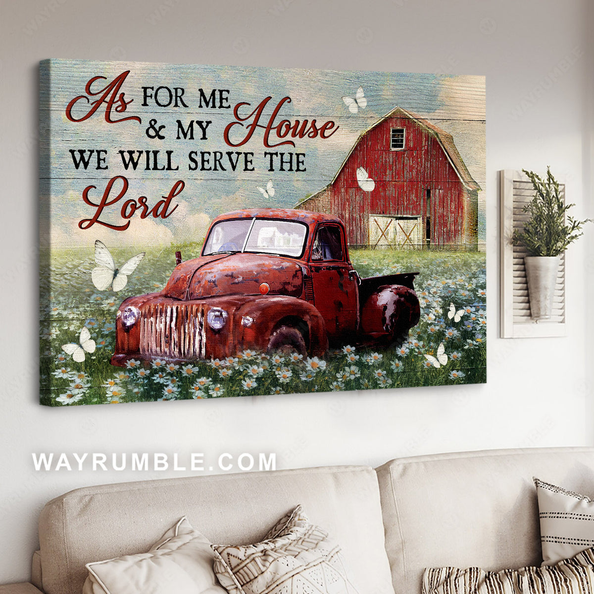 Stunning daisy field, Old red truck, White butterfly, We will serve the Lord - Jesus Landscape Canvas Prints, Christian Wall Art