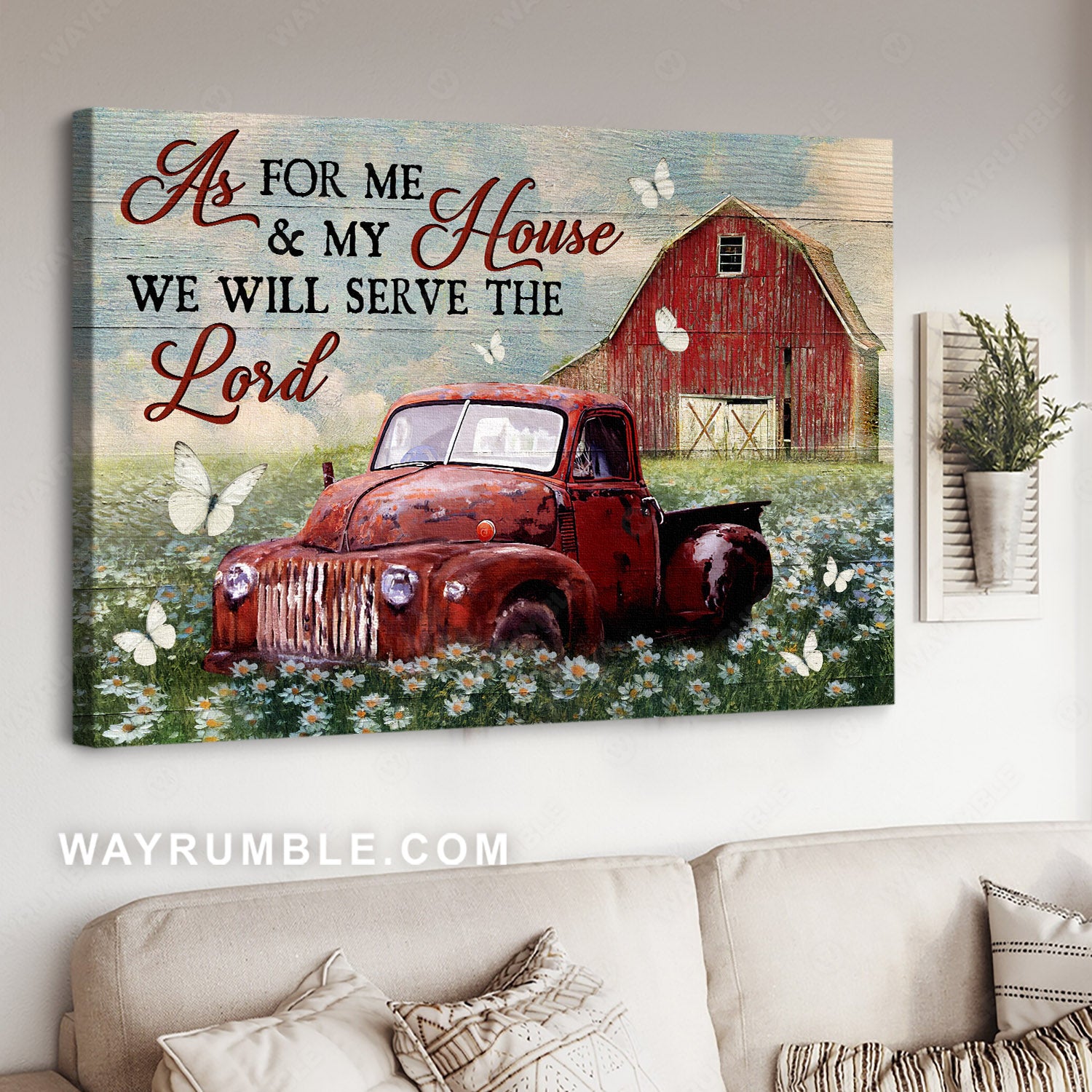 Stunning daisy field, Old red truck, White butterfly, We will serve the Lord - Jesus Landscape Canvas Prints, Christian Wall Art