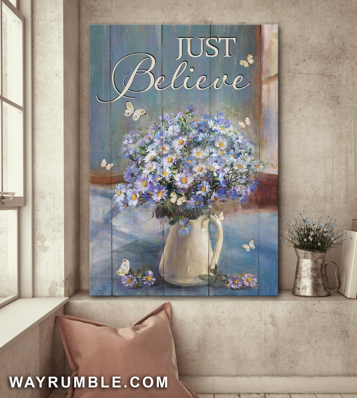 Purple daisy, Butterfly, Still Painting, Just believe - Jesus Portrait Canvas Prints, Wall Art
