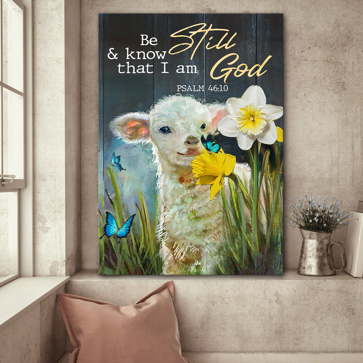 Little Lamb, Daffodils, Butterfly, Be still and know that I am God - Jesus Portrait Canvas Prints, Wall Art