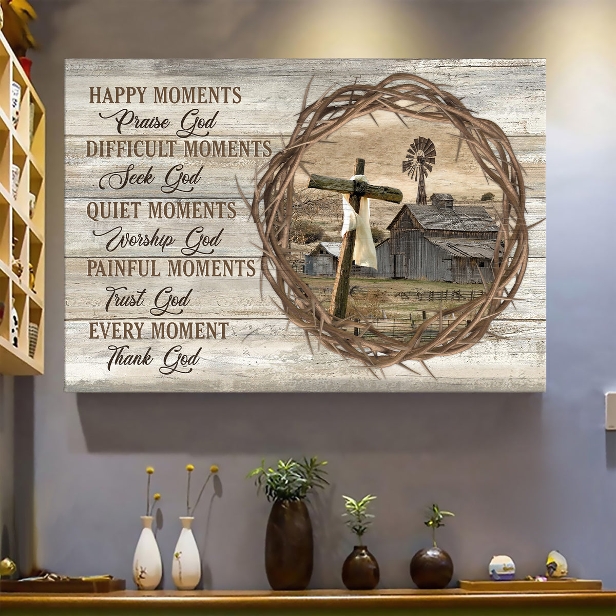 Tranquil farm, Wooden Cross, Old Barn Painting, Every moment, thank God - Jesus Landscape Canvas Prints, Wall Art