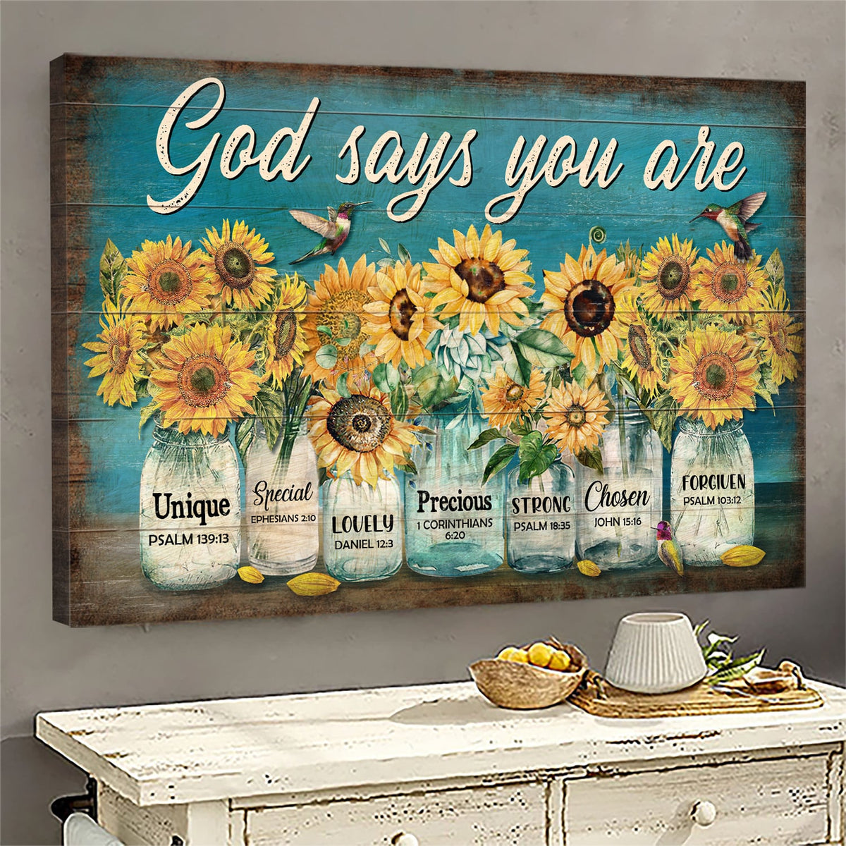 Sunflower jar, Hummingbird, God says you are - Jesus Landscape Canvas Prints, Wall Art