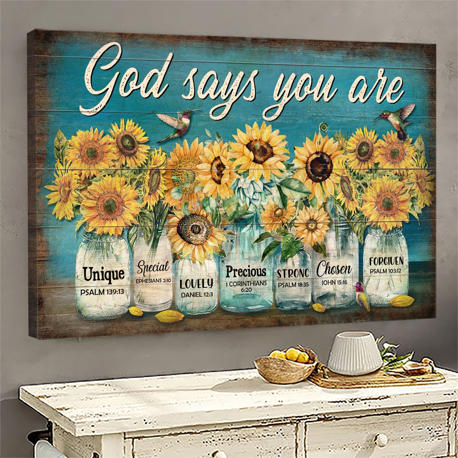 Sunflower jar, Hummingbird, God says you are - Jesus Landscape Canvas Prints, Wall Art