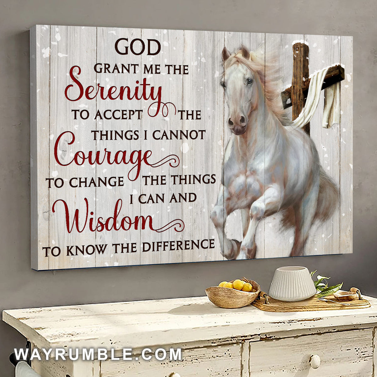White horse, Wooden Cross, God grant me the serenity to accept the things I cannot courage - Jesus Landscape Canvas Prints, Wall Art
