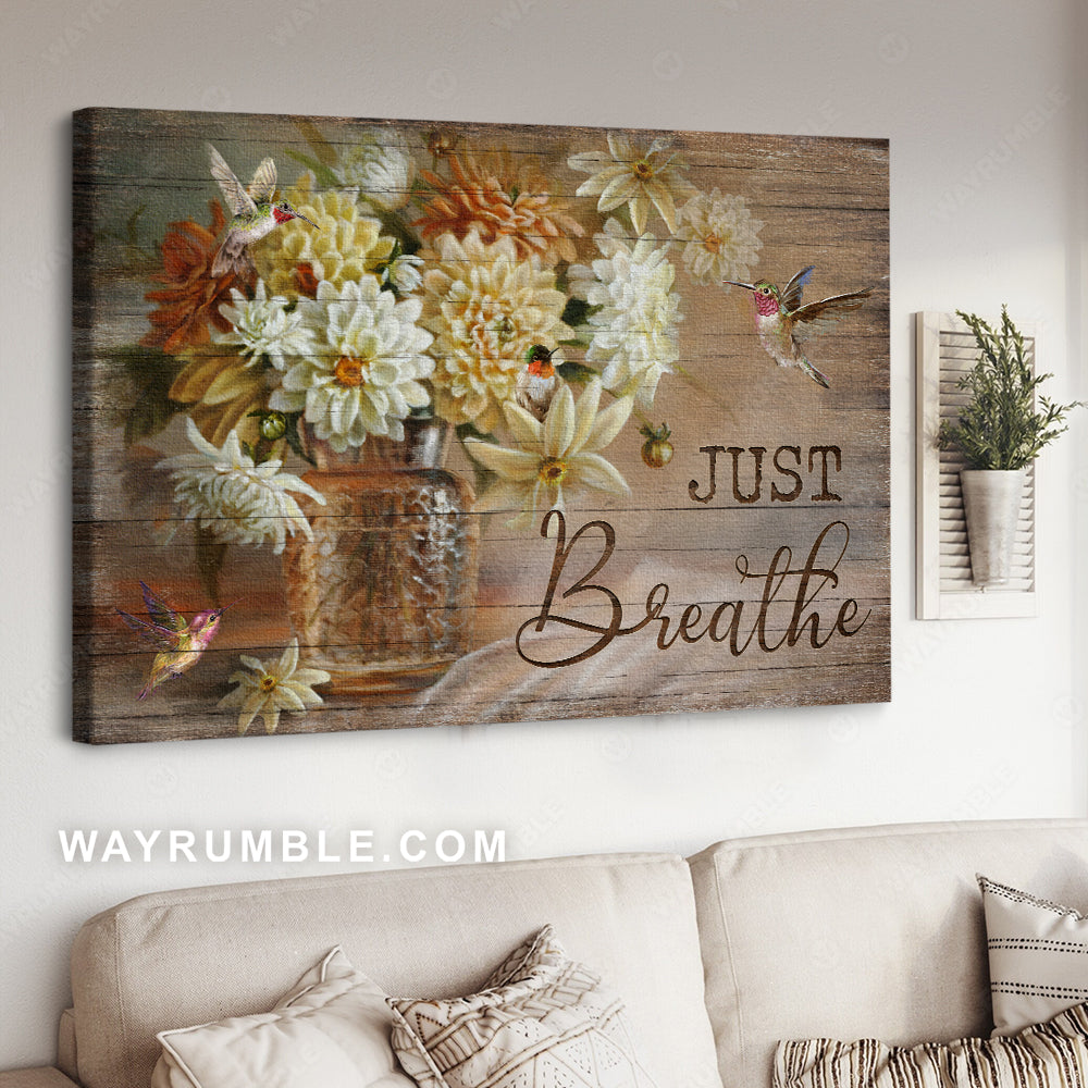 Watercolor hummingbird, Rustic white flower, Vintage painting, Just breathe - Jesus Landscape Canvas Prints, Home Decor Wall Art