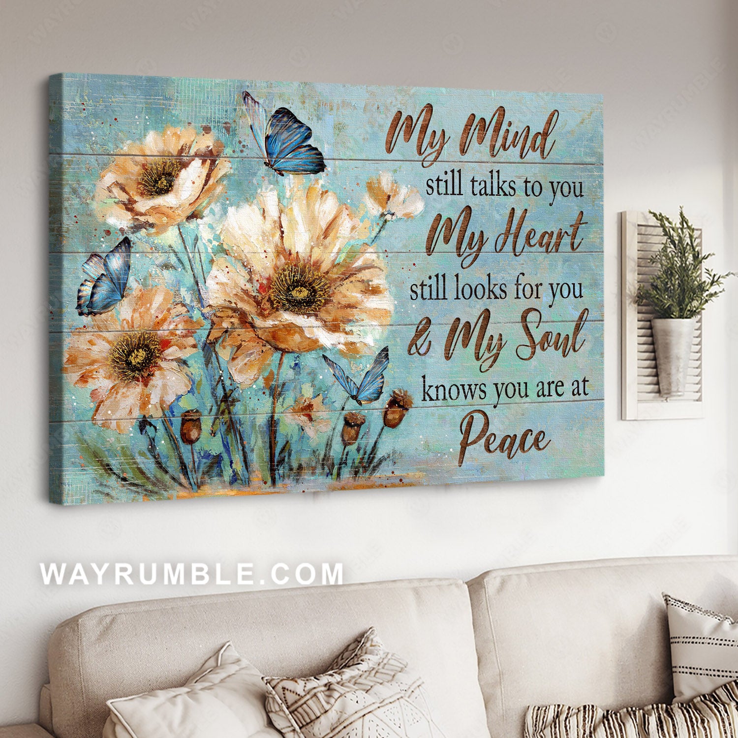 Blue butterfly, White flower painting, Memorial gift, My mind still talks to you - Jesus Landscape Canvas Prints, Home Decor Wall Art