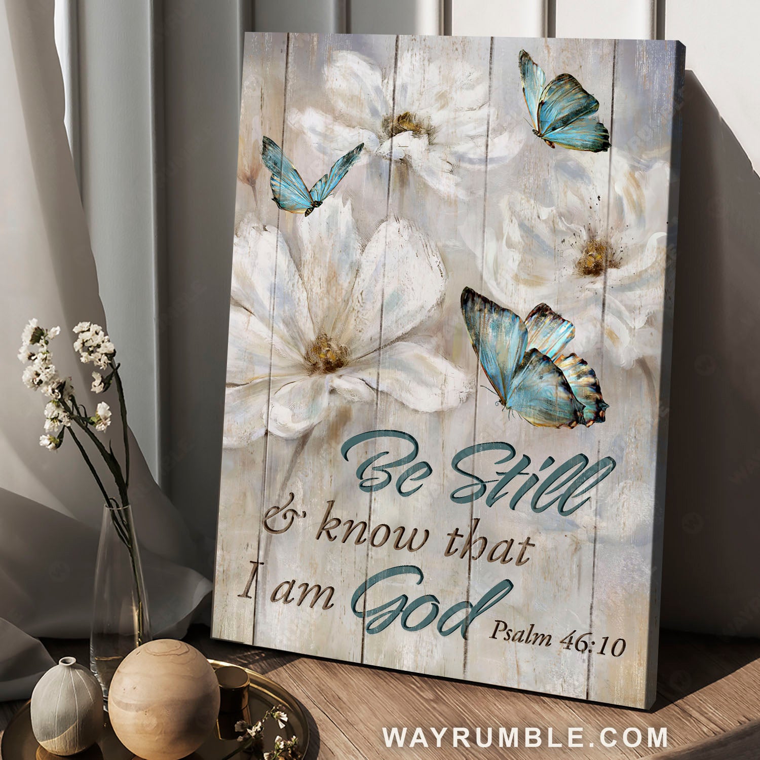 Blue butterfly, White flower, Vintage painting, Be still & know that I am God - Jesus Portrait Canvas Prints, Home Decor Wall Art