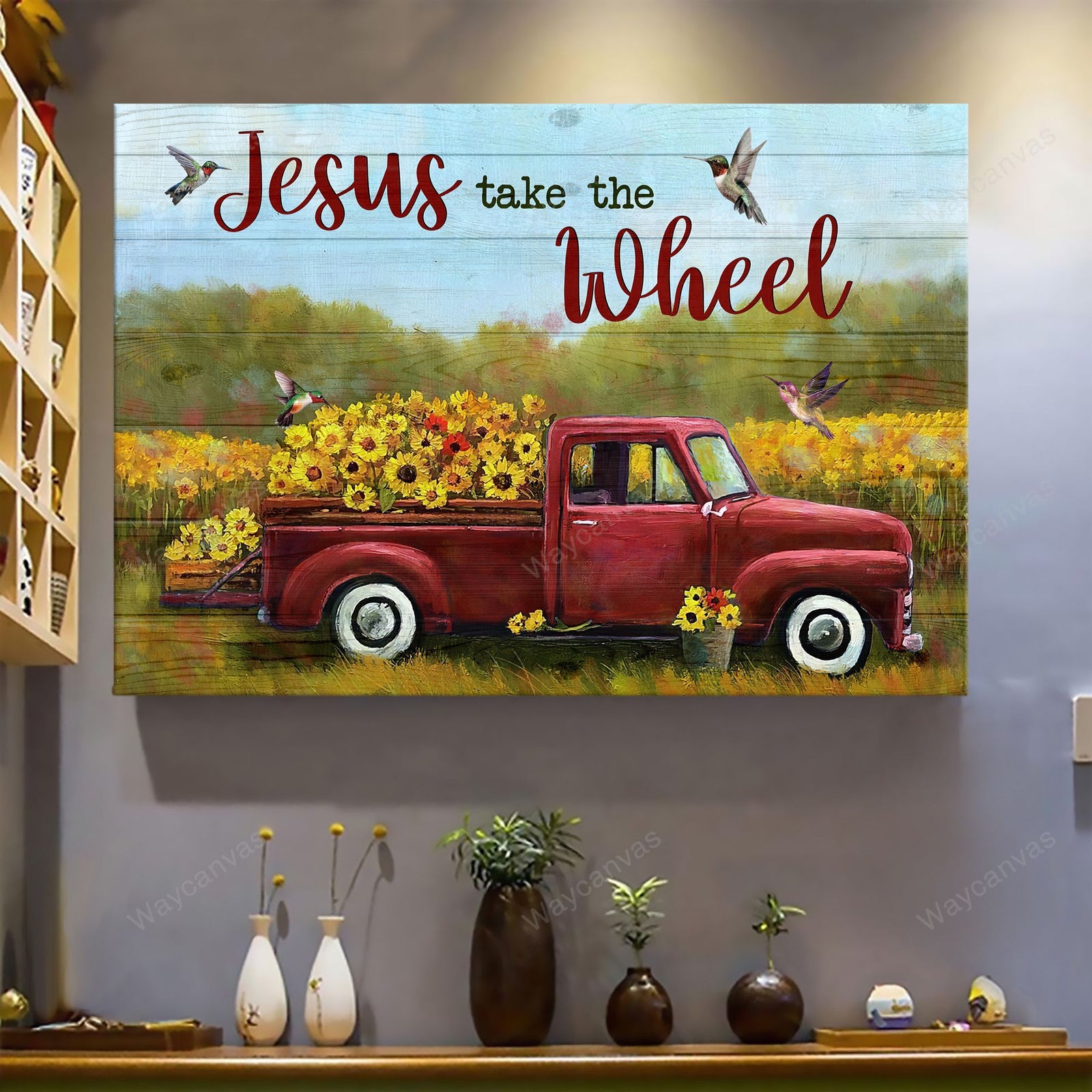 Sunflower farm, Red car painting, Jesus take the wheel - Jesus Landscape Canvas Prints, Wall Art