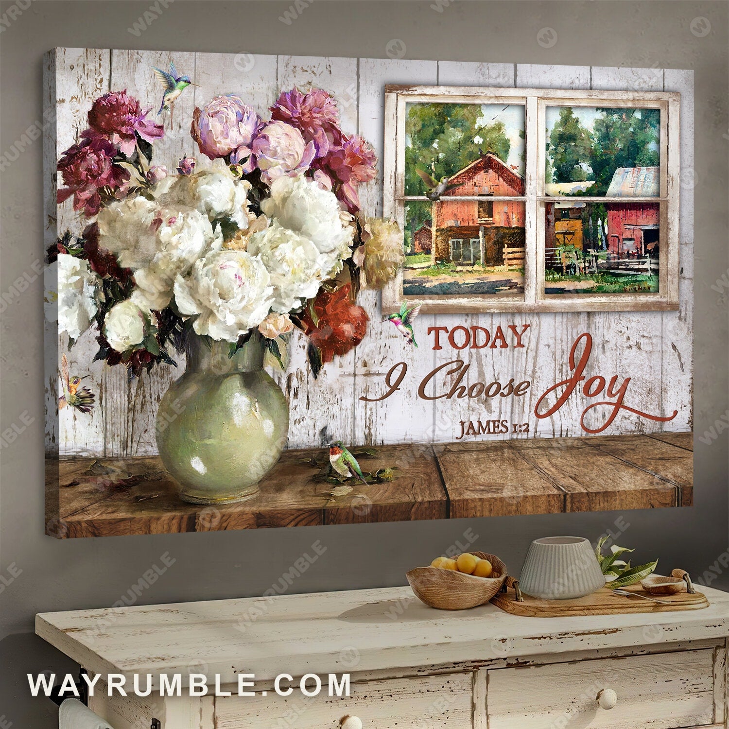 White flower painting, Wooden window, Today I choose joy - Jesus Landscape Canvas Prints - Wall Art