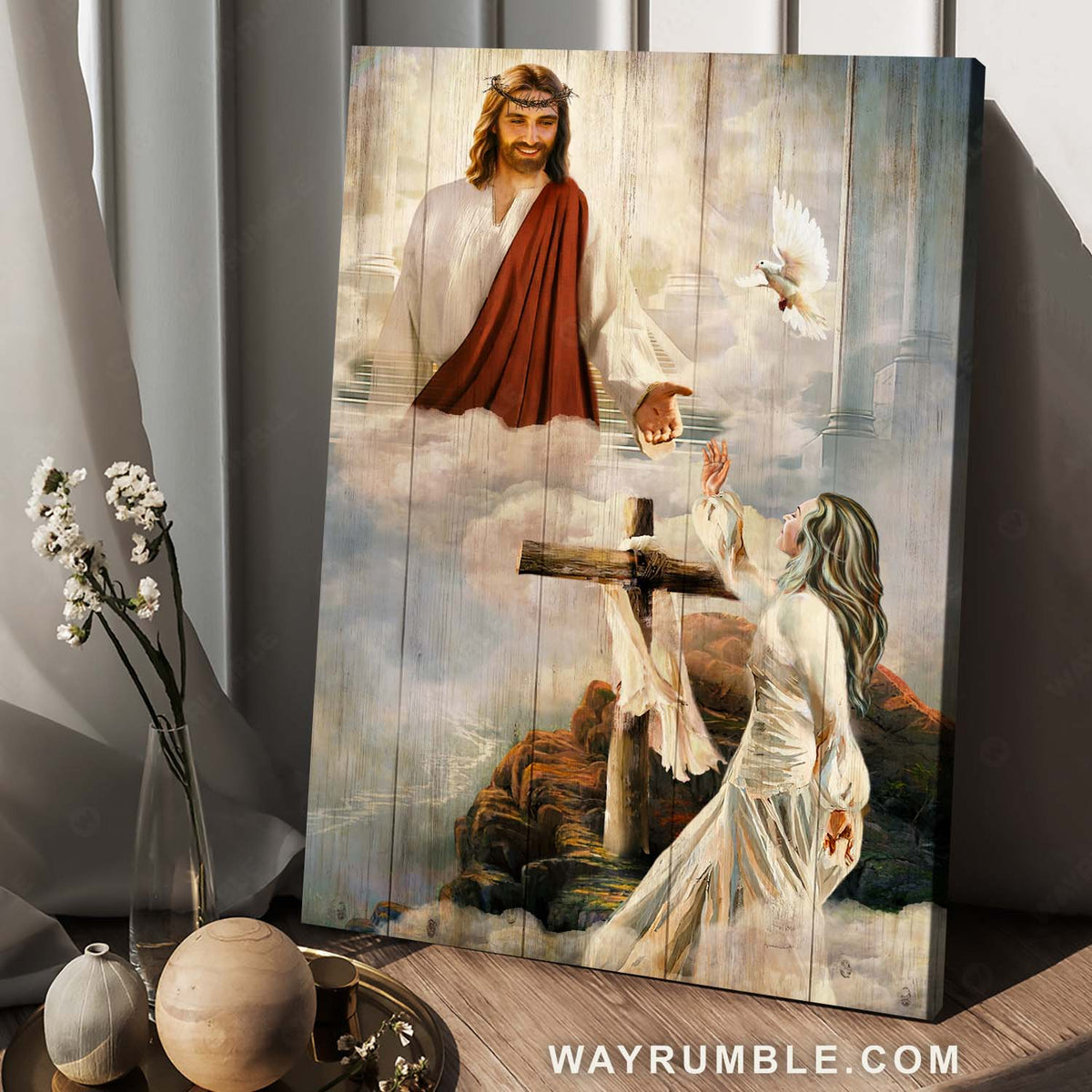 Beautiful woman, Jesus painting, Wooden cross, Take my hand - Jesus Portrait Canvas Prints, Christian Wall Art
