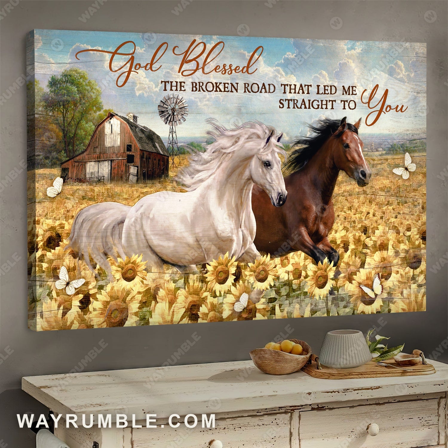 Horse, Sunflower, Flower field, God blessed the broken road - Jesus Landscape Canvas Prints, Wall Art