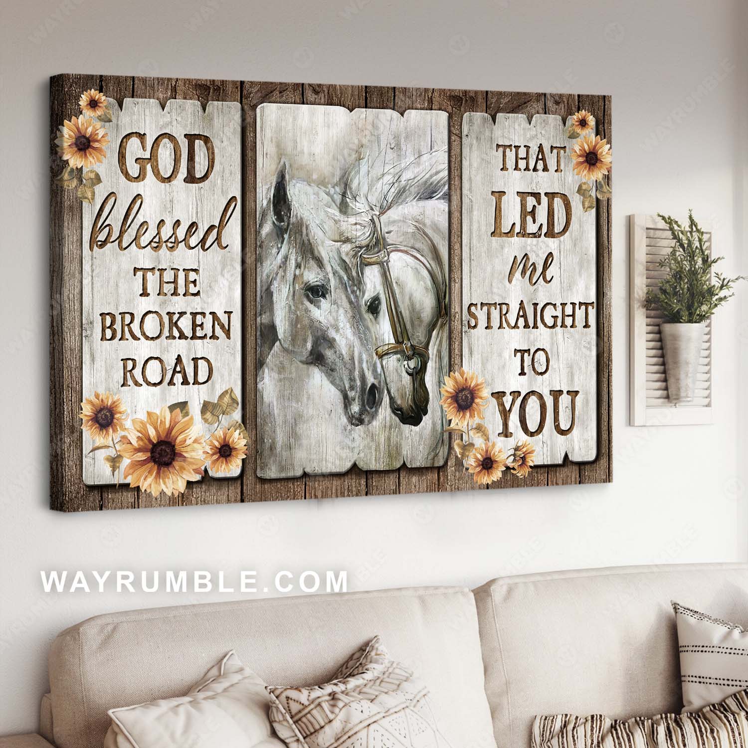 Horse painting, Rustic sunflower, Vintage art, God blesses the broken road - Jesus Landscape Canvas Prints, Home Decor Wall Art