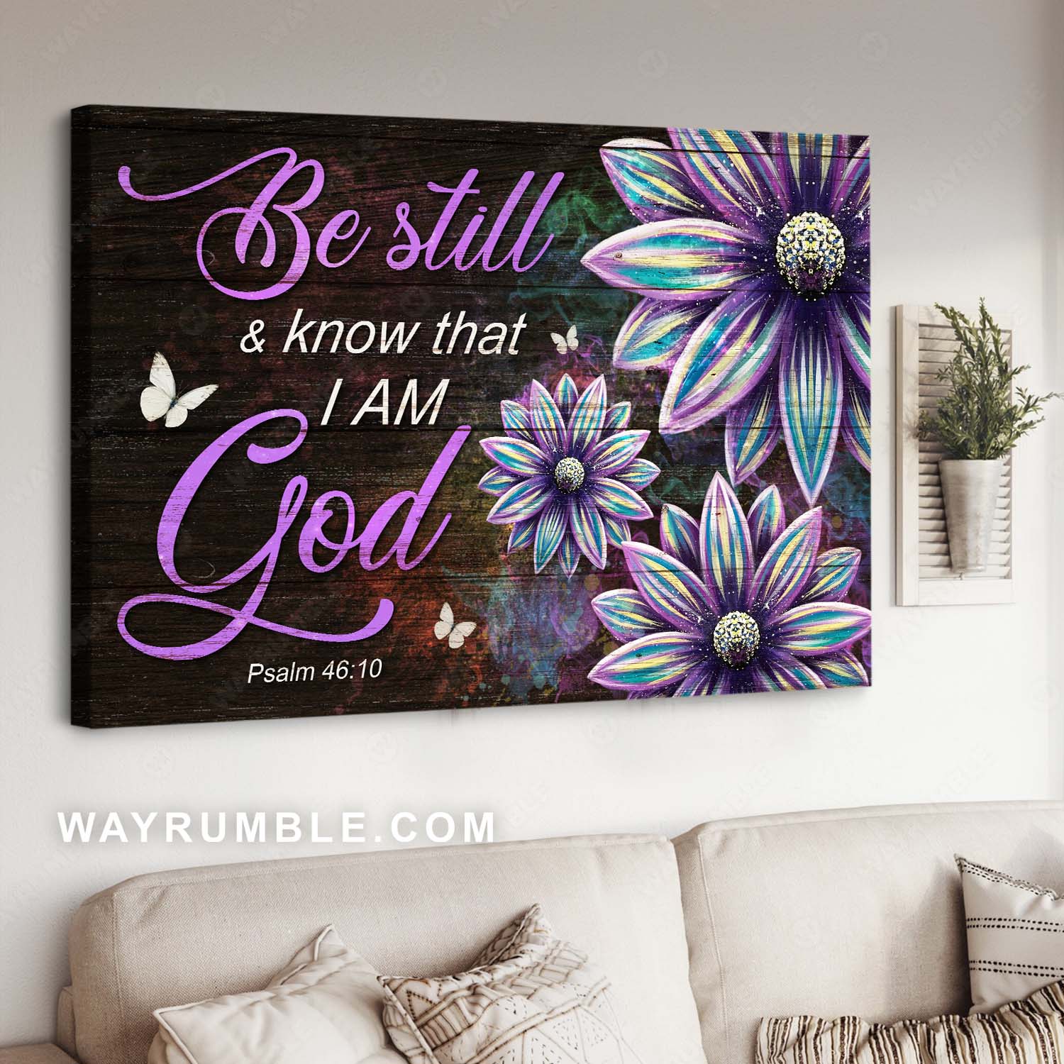 Abstract flower painting, White butterfly, Bible verse, Be still & know that I am God - Jesus Landscape Canvas Prints, Home Decor Wall Art
