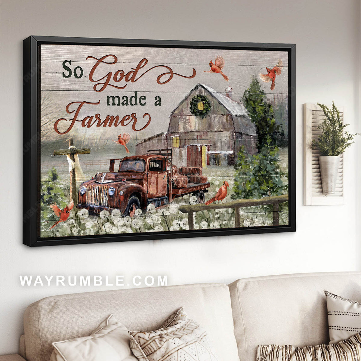 Tranquil farm, Lovely red cardinal, Amazing old truck, So God made a farmer - Jesus Landscape Canvas Prints, Christian Wall Art