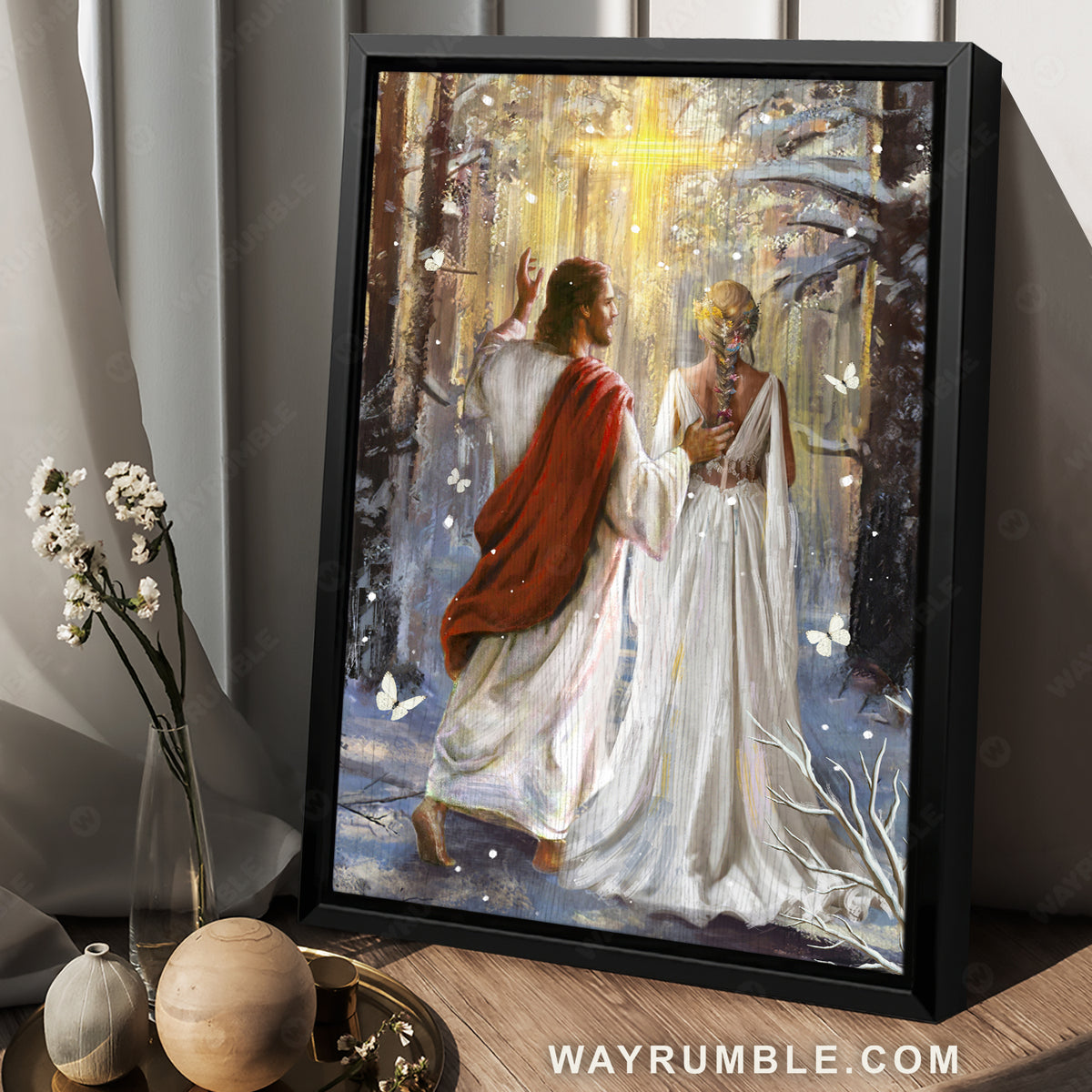 Snowy forest, White butterfly, Jesus painting, Walking with Jesus - Jesus Portrait Canvas Prints, Christian Wall Art