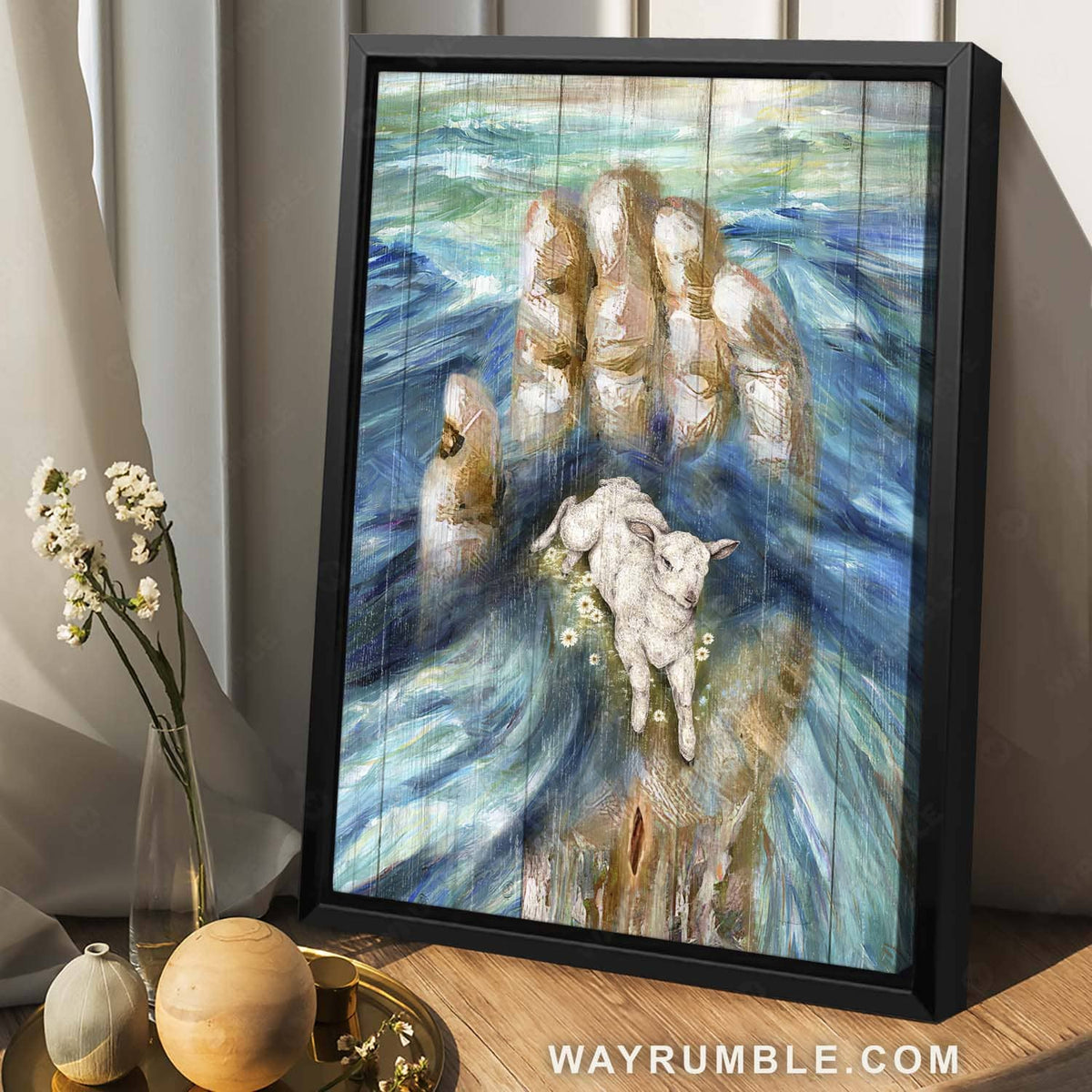 Blue ocean, Abstract painting, Lamb of God, Daisy flower, In God&#39;s hand - Jesus Portrait Canvas Prints, Home Decor Wall Art