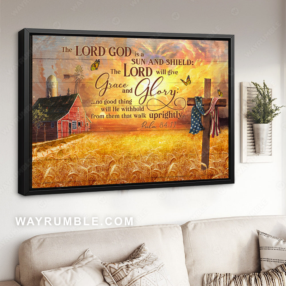 Red farmhouse, Wheat field, Bible verse, The Lord God is a sun and shield - Jesus Landscape Canvas Prints, Home Decor Wall Art