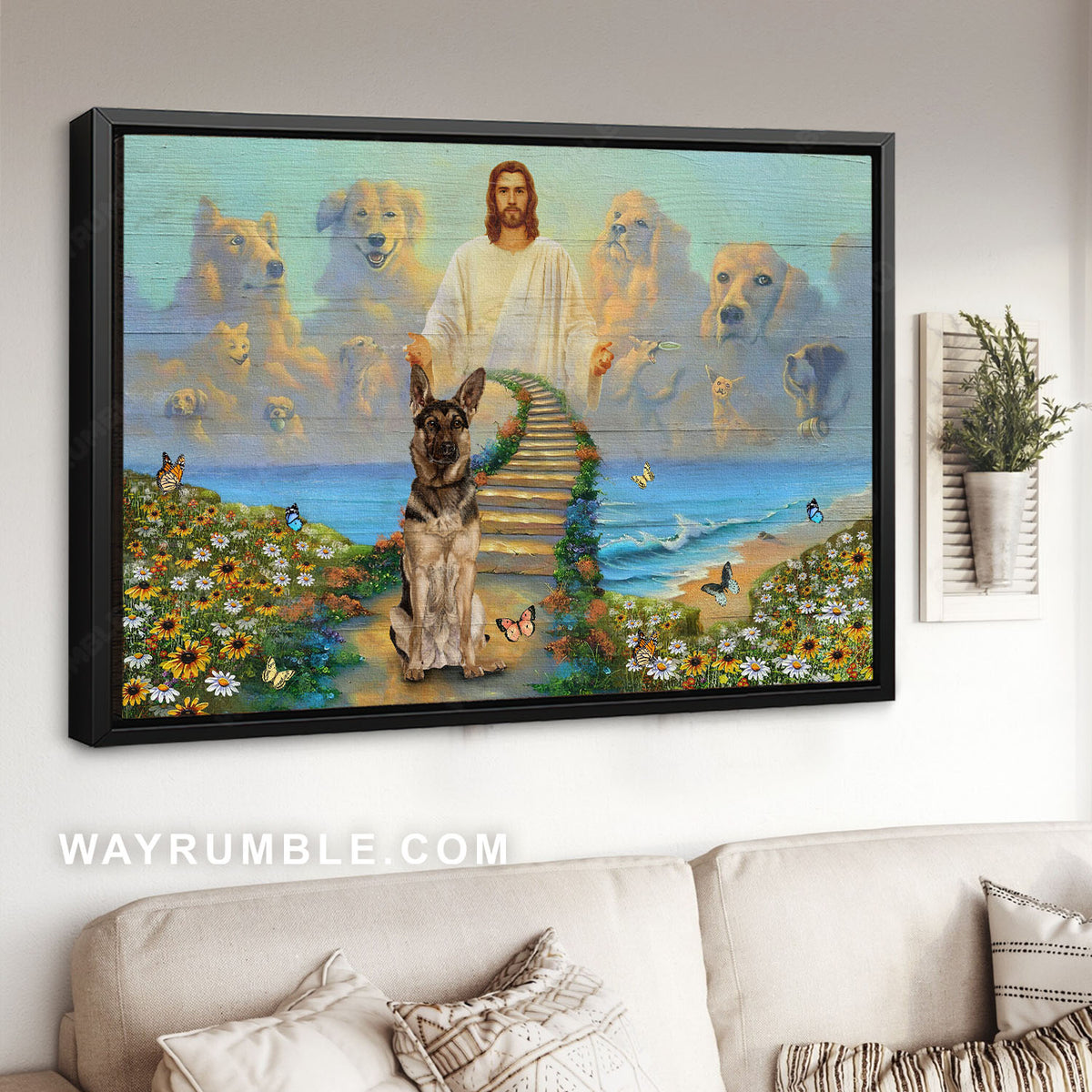 German Shepherd, Memorial gift, Flower field, Dog lover, In a beautiful heaven - Jesus Landscape Canvas Prints, Home Decor Wall Art