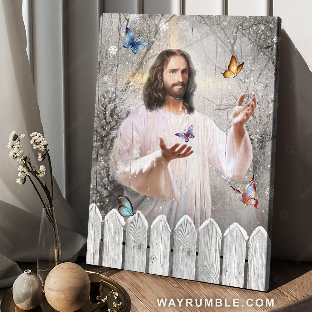Beautiful snowflake, Jesus painting, Colorful butterfly, In a snowy forest - JesusPortrait Canvas Prints, Christian Wall Art