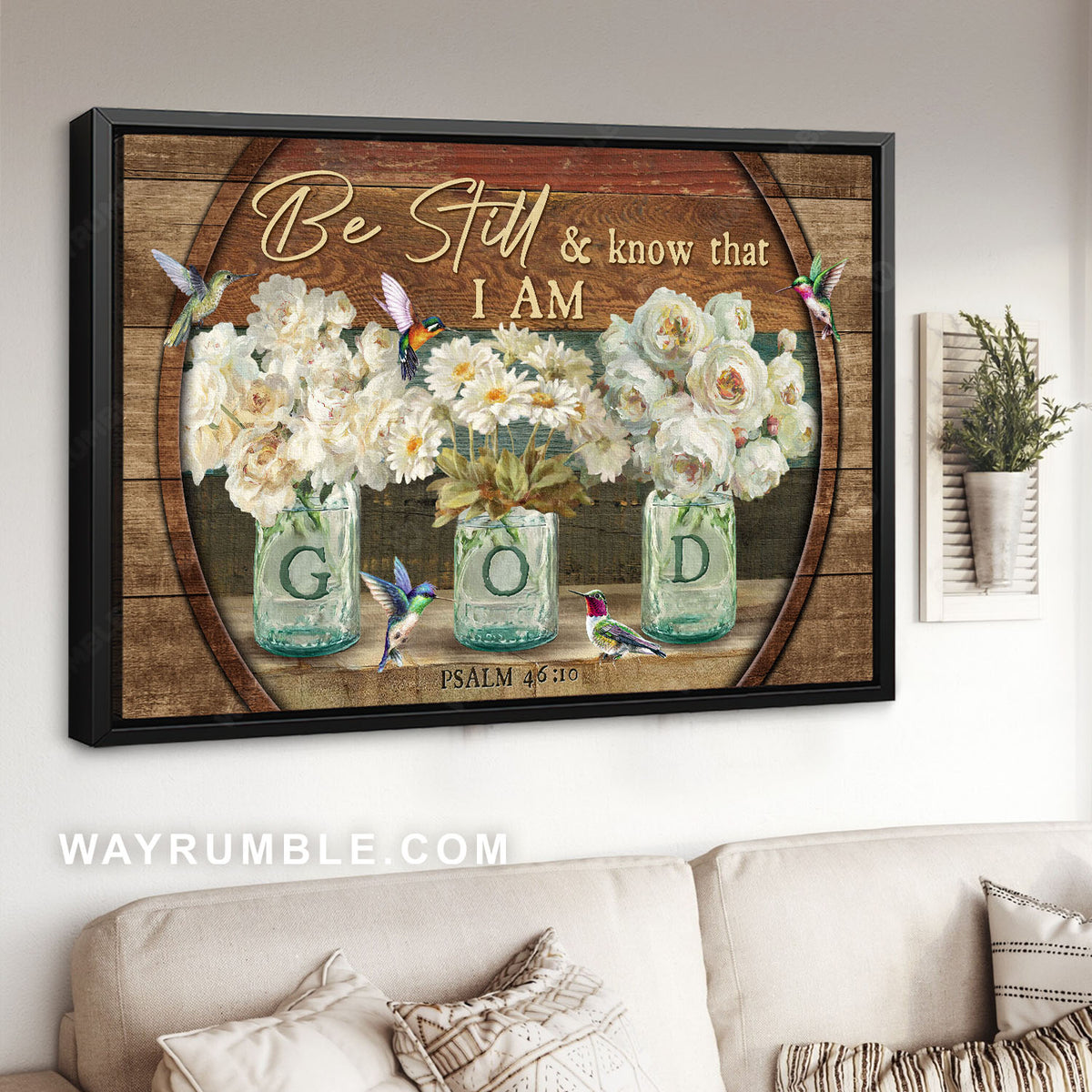 Hummingbird drawing, White flower, Bible verse, Be still and know that I am God - Jesus Landscape Canvas Prints, Home Decor Wall Art