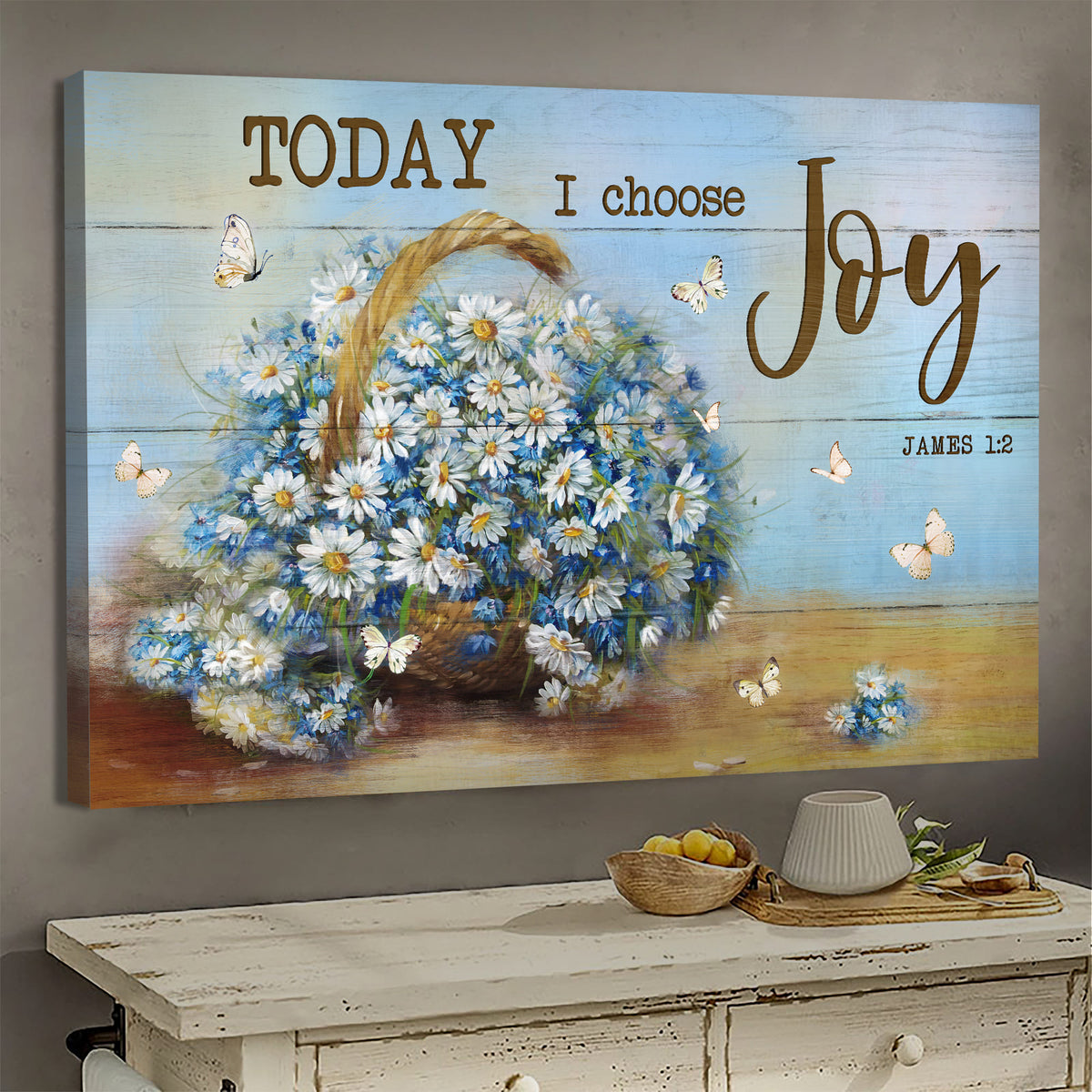 Daisy, Butterfly, Bible verse - Today I choose joy Jesus Landscape Canvas Prints, Wall Art