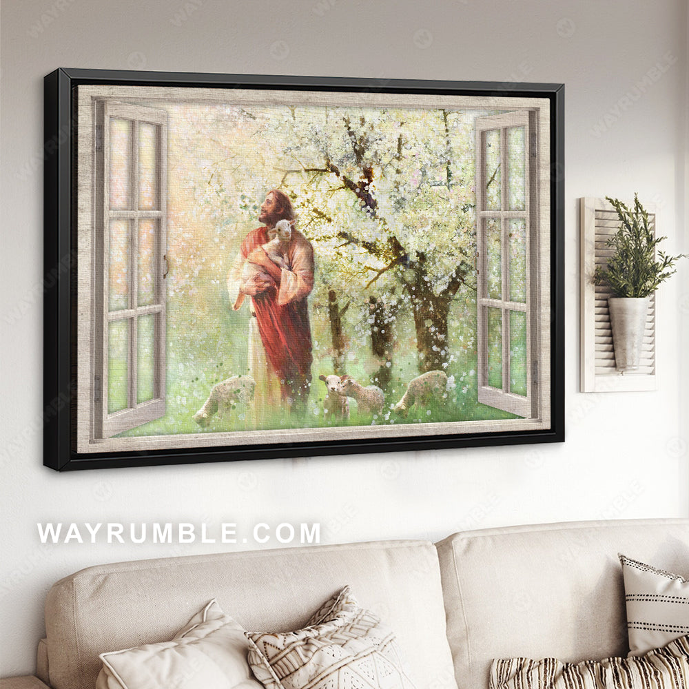 Flowering tree, Jesus painting, Lamb of God, Natural spring, Vintage windows - Jesus Landscape Canvas Prints, Christian Wall Art