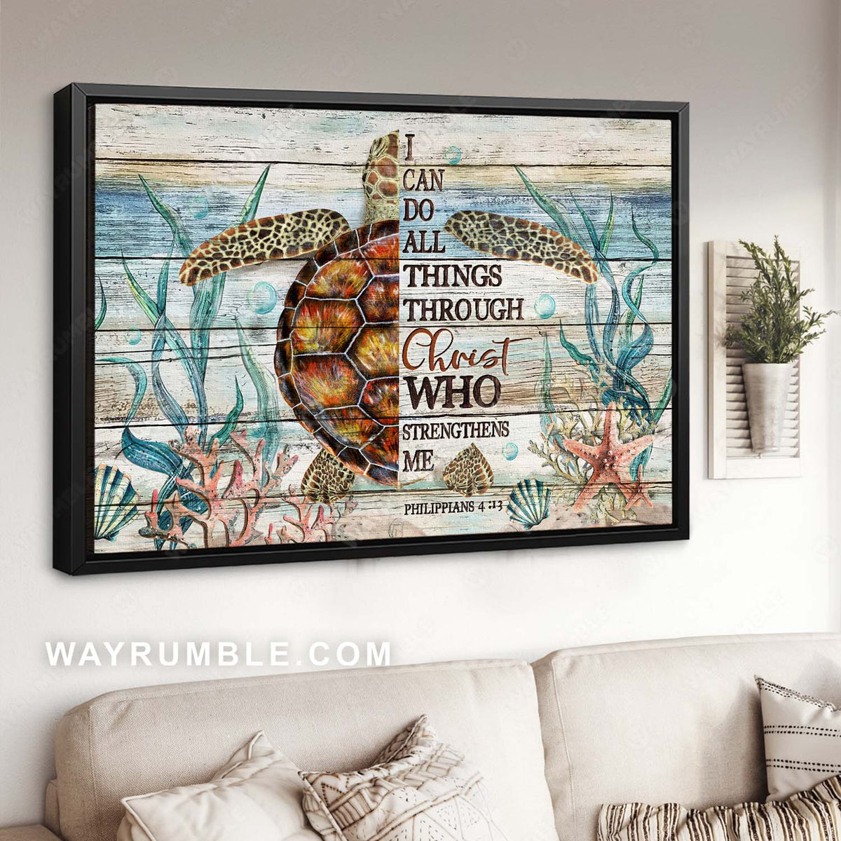 Awesome sea turtle, Amazing sea life, I can do all things through Christ - Jesus Landscape Canvas Prints, Christian Wall Art