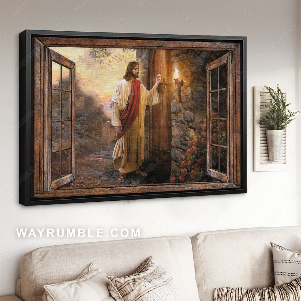 Jesus painting, Wooden windows, Rose garden, Jesus knocking on door - Jesus Landscape Canvas Prints, Christian Wall Art