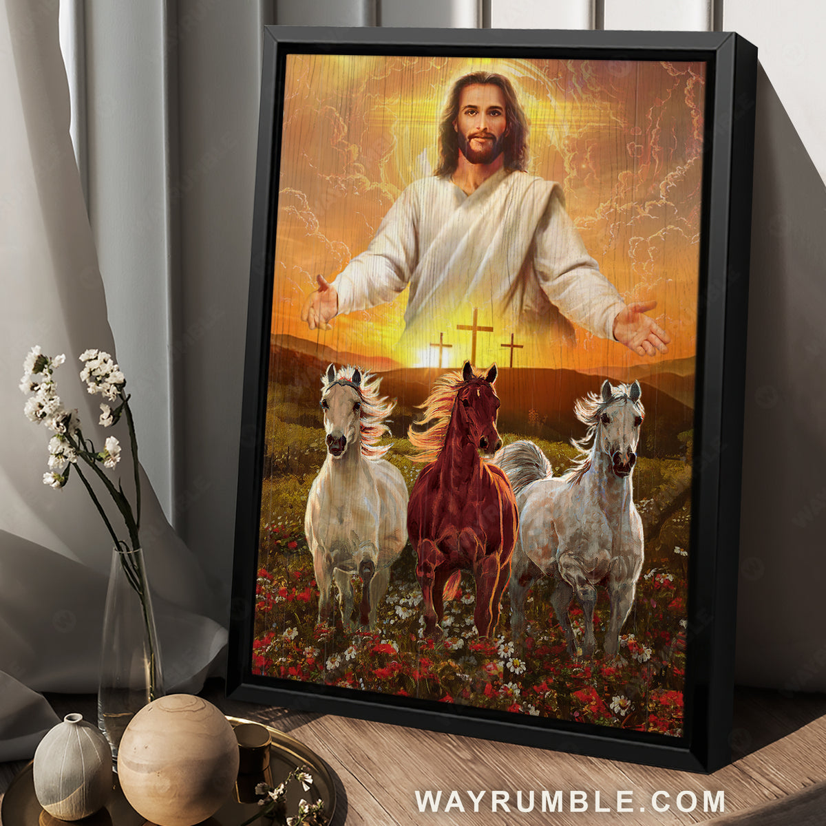 Jesus painting, Three wooden crosses, Gorgeous horses running at sunrise - Jesus Portrait Canvas Prints, Christian Wall Art