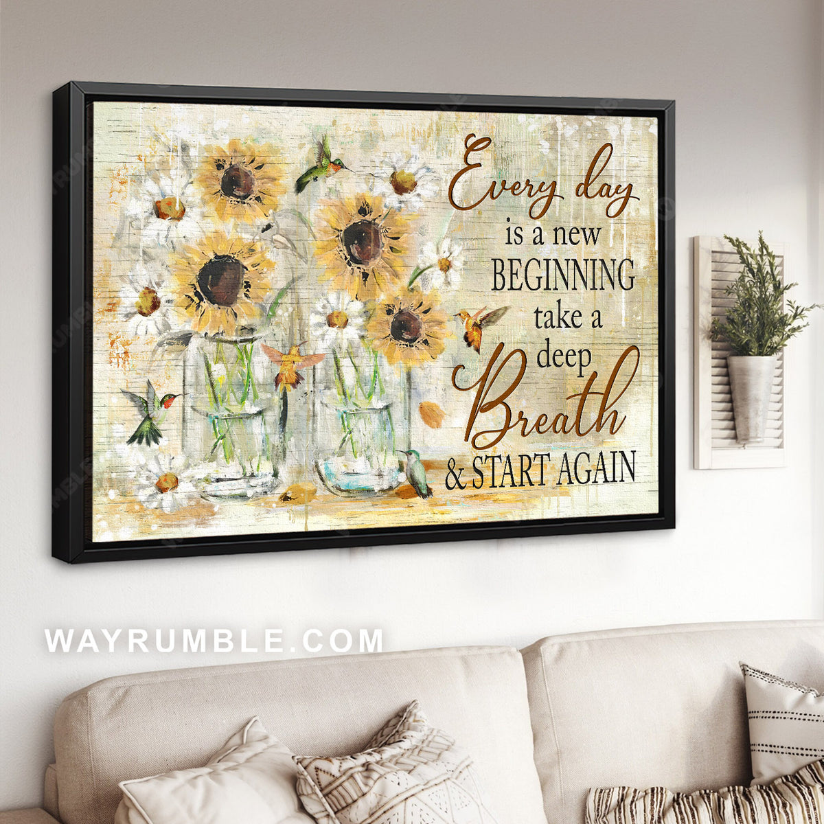 Hummingbird drawing, Lovely sunflower, Glass vase, Every day is a new beginning - Jesus Landscape Canvas Prints, Home Decor Wall Art
