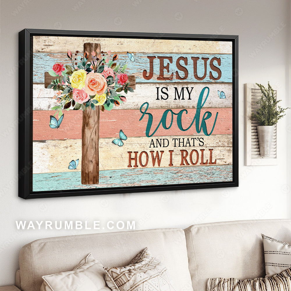 Gorgeous flower drawing, Wooden cross, Blue butterfly, Jesus is my rock - Jesus Landscape Canvas Prints, Home Decor Wall Art