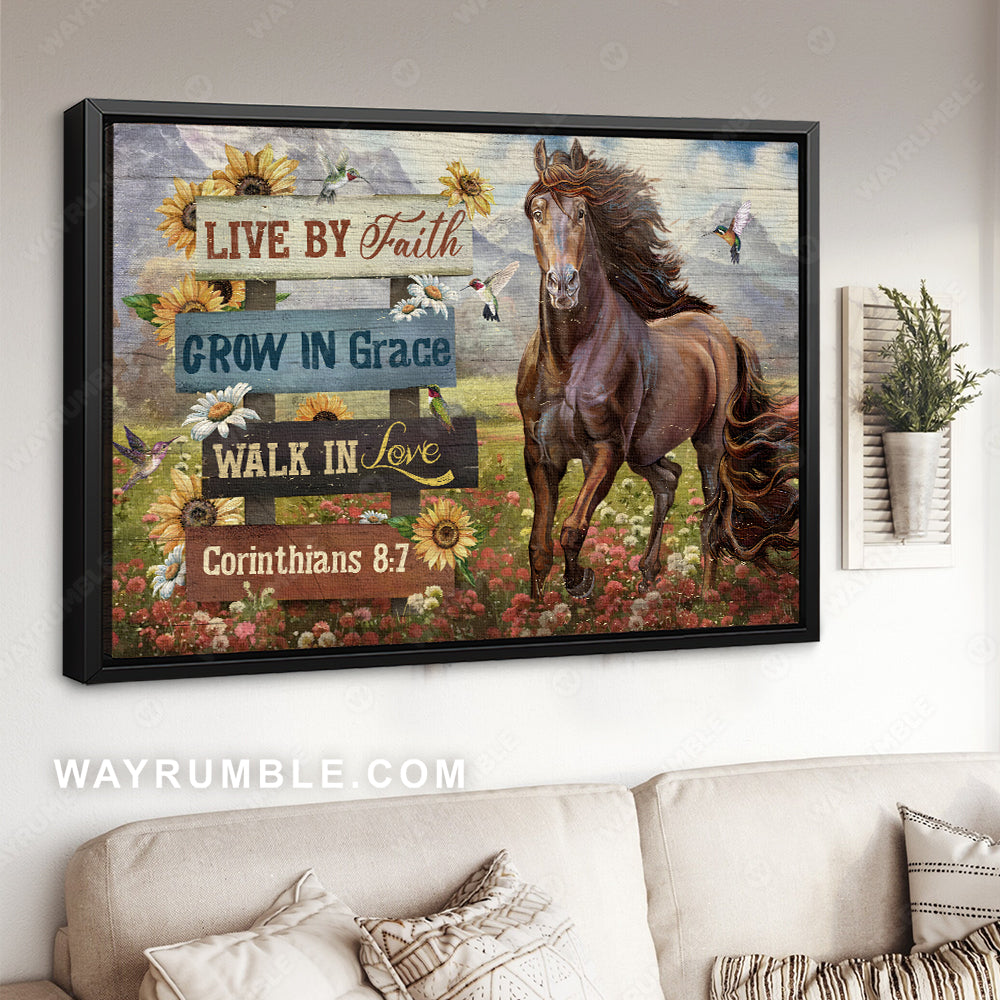 Brown horse, Hummingbird painting, Flower field, Live by faith, walk in love - Jesus Landscape Canvas Prints, Home Decor Wall Art