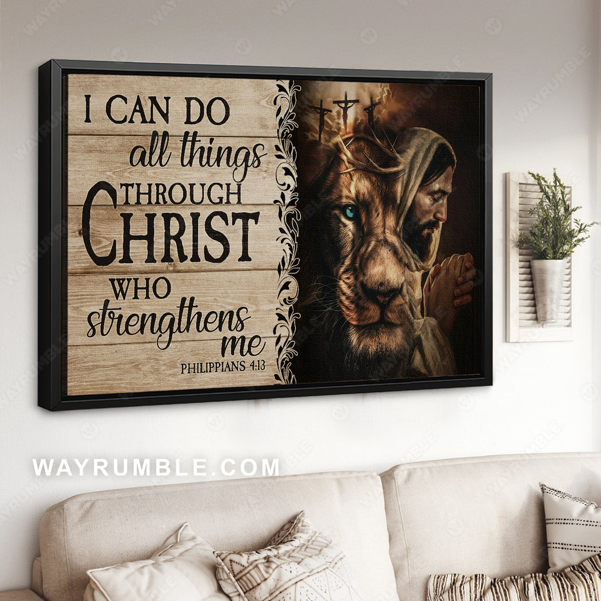 Lion of Judah, Three crosses, I can do all things through Christ who strengthens me - Jesus Landscape Canvas Prints, Christian Wall Art