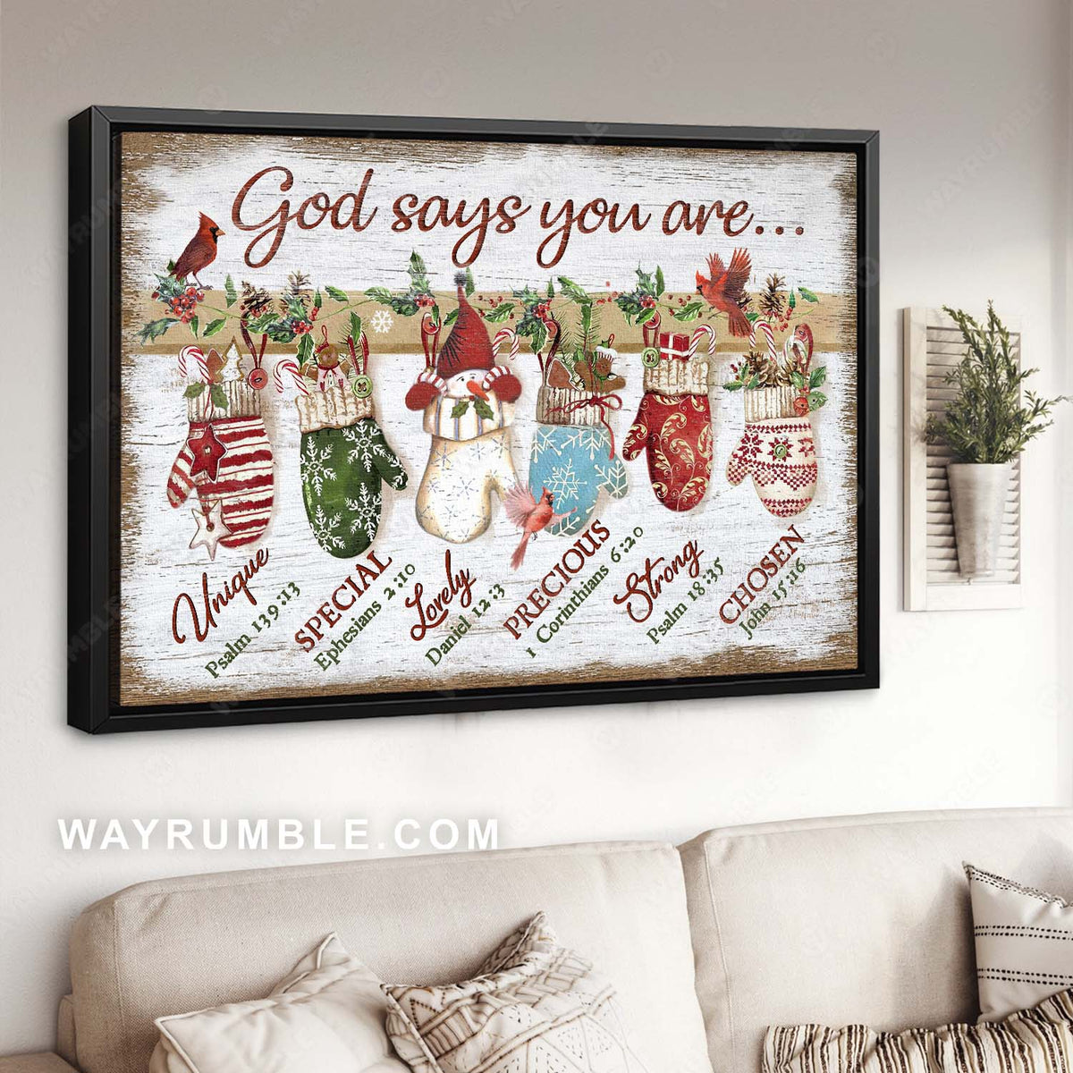 Christmas decoration, Red cardinal, Winter gloves, God says you are - Jesus Landscape Canvas Prints, Home Decor Wall Art