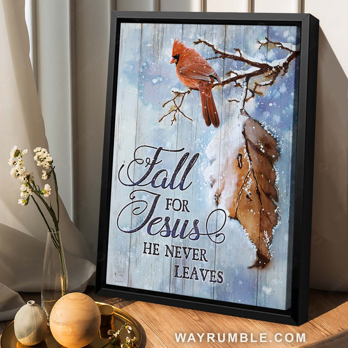 Winter season, Snow fall painting, Red cardinal, Fall for Jesus, he never leaves - Jesus Portrait Canvas Prints, Home Decor Wall Art