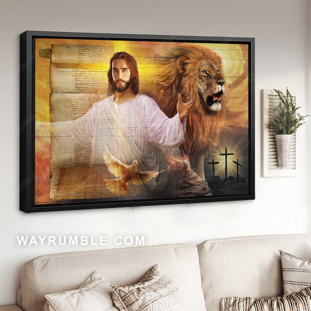 Lion of Judah, Dove of peace, Three wooden crosses, Silhouette of Jesus in heaven - Jesus Landscape Canvas Prints, Christian Wall Art