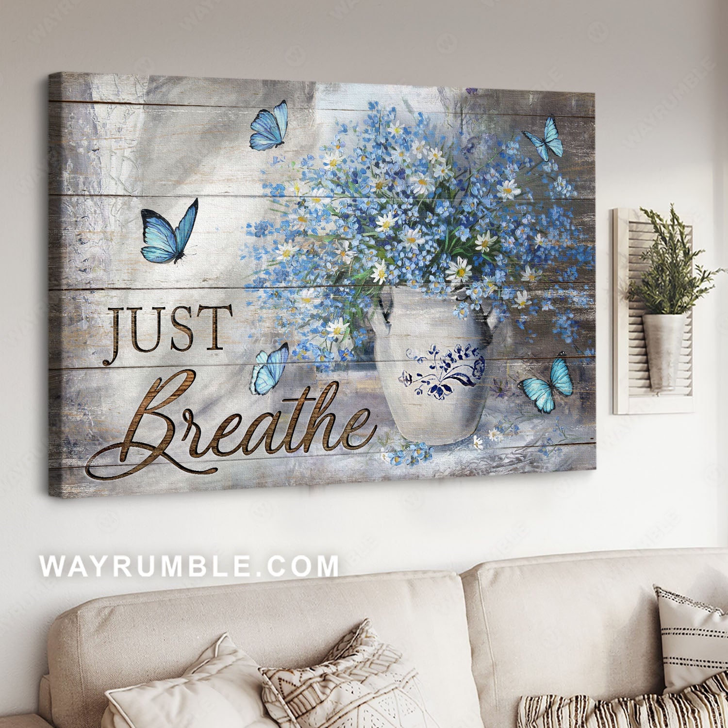 Blue flower vase, Daisy drawing, Blue butterfly, Vintage painting, Just breathe - Jesus Landscape Canvas Prints, Home Decor Wall Art