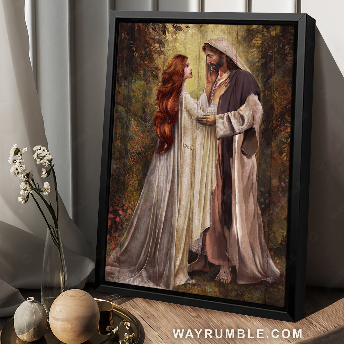 Graceful red head women, Jesus painting, Our savior, In a beautiful forest - Jesus Portrait Canvas Prints, Christian Wall Art