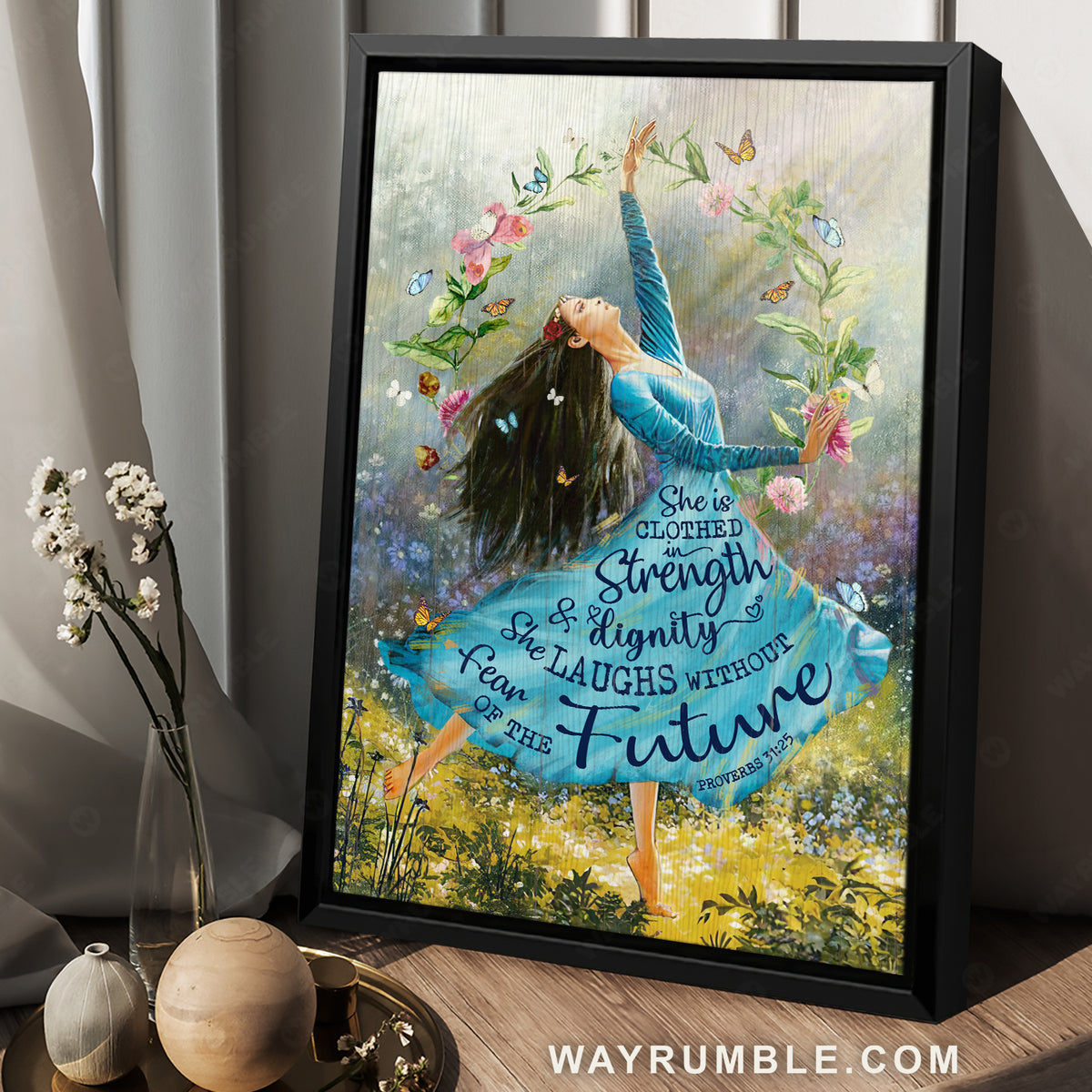 Blue dress, Butterfly drawing, Flower garden, She is clothed in strength and dignity - Jesus Portrait Canvas Prints, Home Decor Wall Art