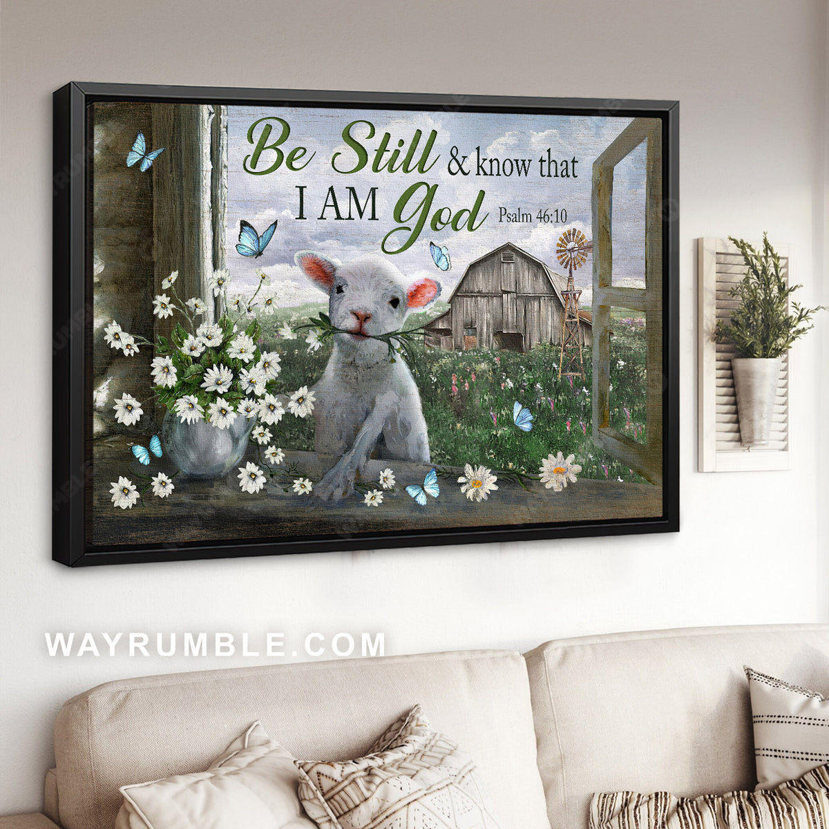 Lovely lamb, Daisy flower, Rustic farmhouse, Be still &amp; know that I am God - Jesus Landscape Canvas Prints, Christian Wall Art