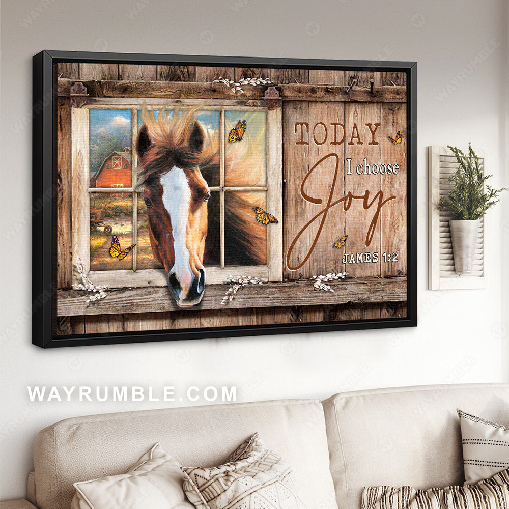 Brown horse painting, Monarch butterfly, Rustic farmhouse, Today I choose joy - Jesus Landscape Canvas Prints, Home Decor Wall Art