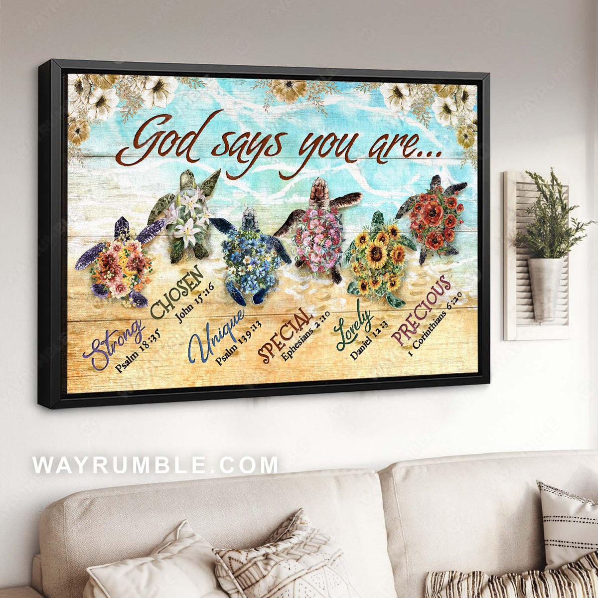 Abstract flower painting, On the beach, Sea turtles, Bible verse, God says you are - Jesus Landscape Canvas Prints, Home Decor Wall Art