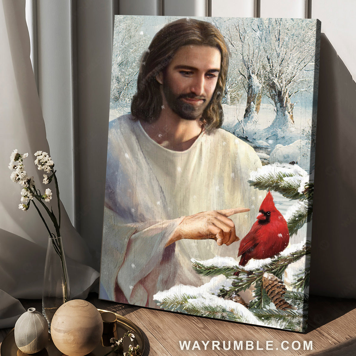 Amazing snow forest, Red cardinal, Religious art, Beautiful Jesus painting - Jesus Portrait Canvas Prints, Christian Wall Art