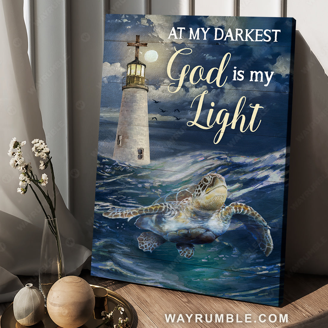 Watercolor turtle, Blue ocean, Lighthouse, God is my light - Jesus Portrait Canvas Prints, Christian Wall Art