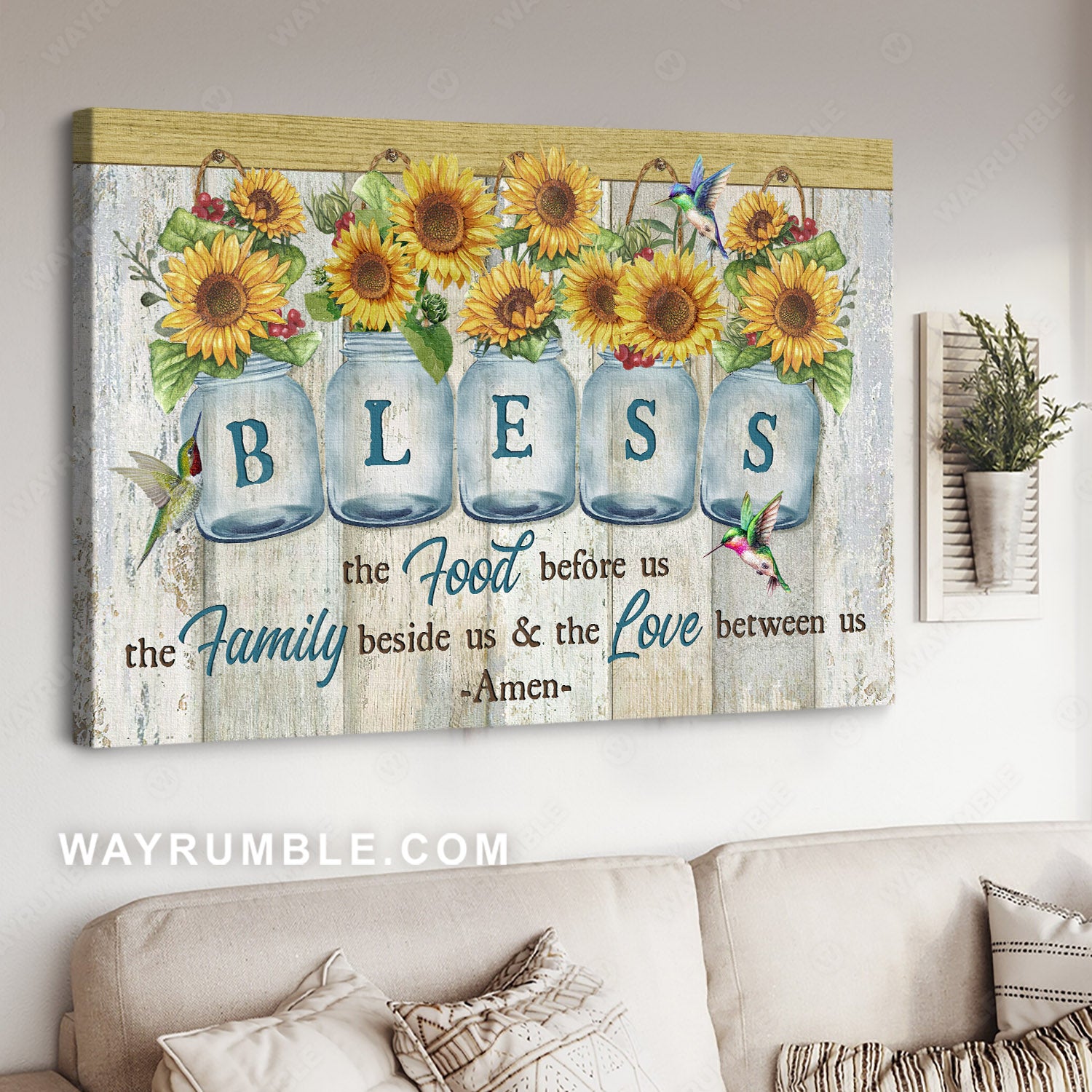 Hummingbird drawing, Vintage art, Sunflower painting, Bless the food before us - Jesus Landscape Canvas Prints, Home Decor Wall Art