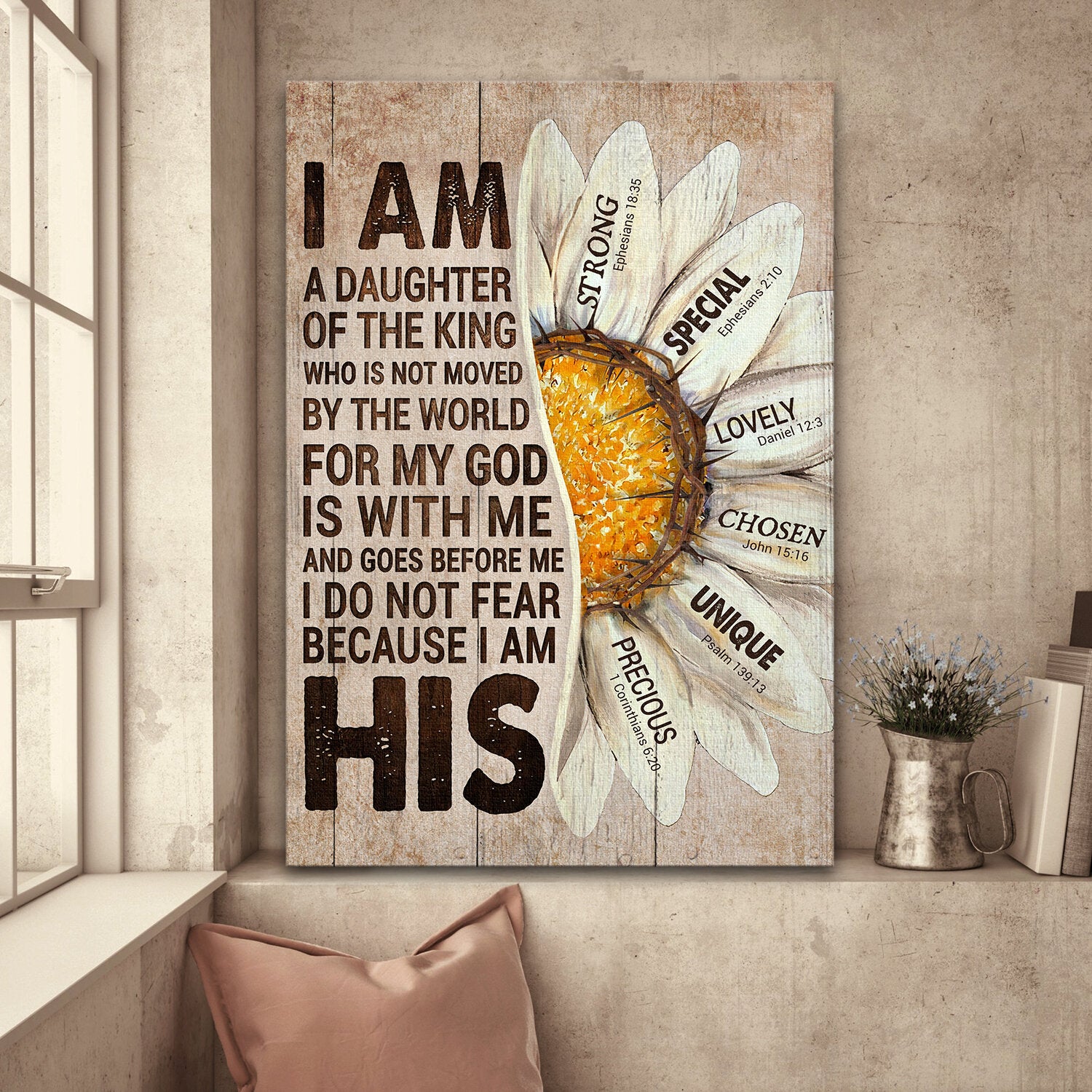 Half of daisy flower, I am daughter of the King - Jesus Portrait Canvas Prints, Wall Art
