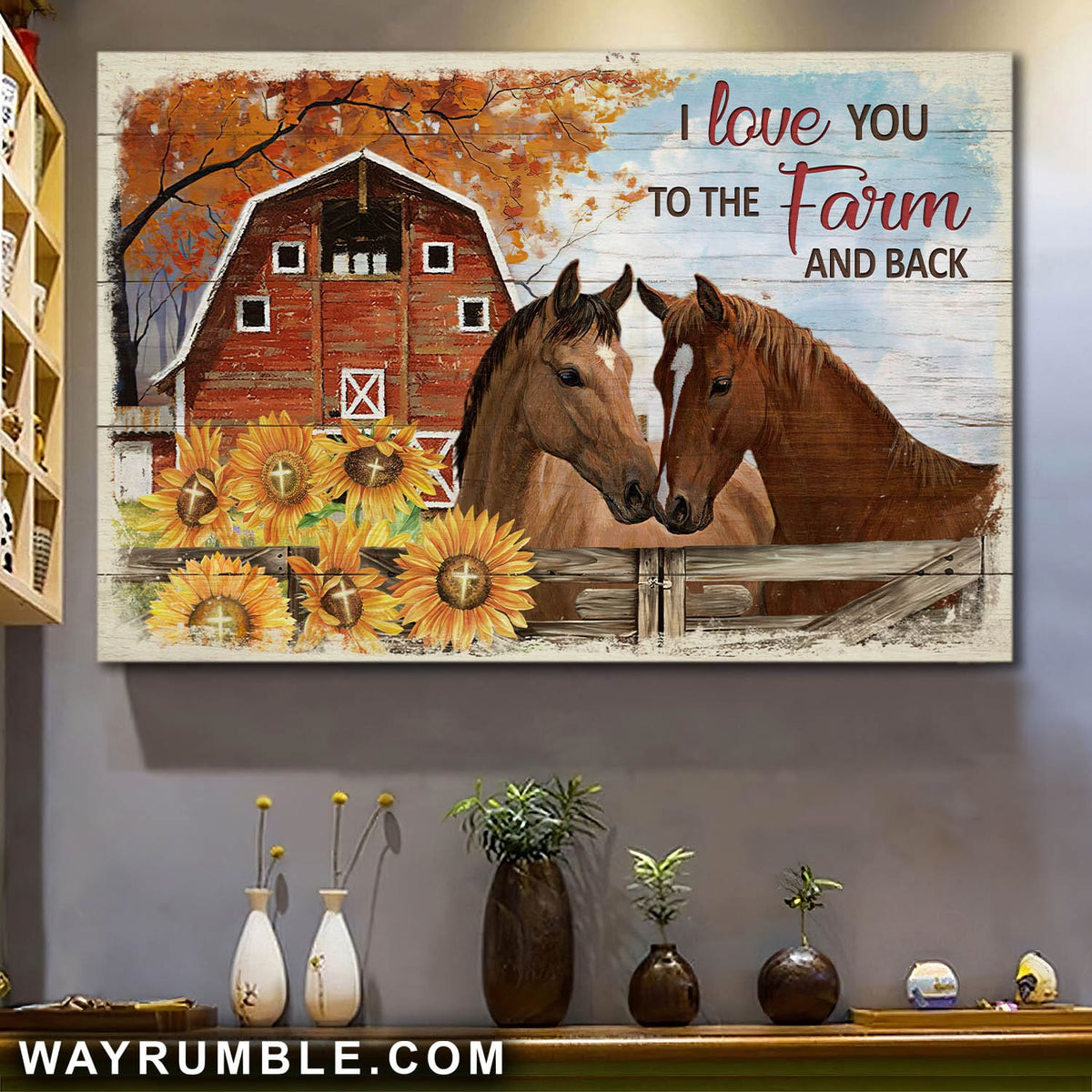 Horse Couple, Autumn farm, Sunflower, I love you to the farm and back - Couple Landscape Canvas Prints, Wall Art